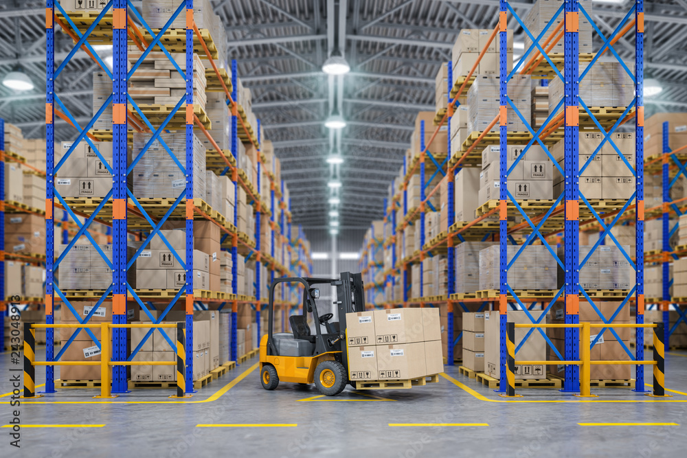 Forklift truck in warehouse or storage and shelves with cardboard boxes. - obrazy, fototapety, plakaty 