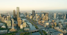 Aerial Sunrise View Melbourne CBD Along Yarra River
