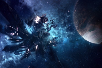 Poster - amazing spaceship near a planet in a colorful nebula view in deep space