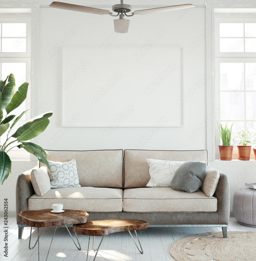 Mockup Poster In Hipster Living Room Interior 3d Render
