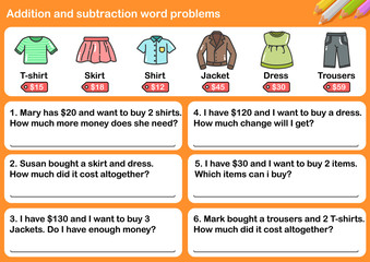 Wall Mural - Addition and Subtraction word problems - Worksheet for education.