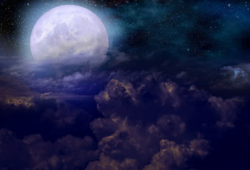 Wall Mural - Full moon and stars in cumulus clouds