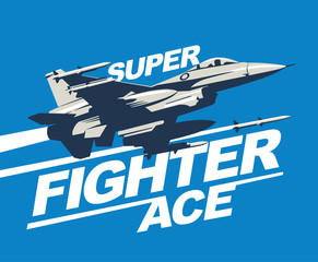 Military plane in the sky fired a missile. Logo template or print. Fighter jet vector illustration.