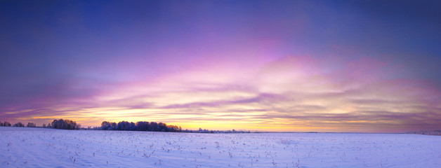 Wall Mural - winter landscape panorama with sunrise