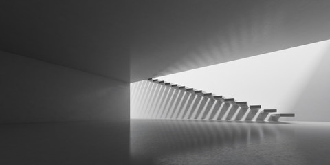 Poster - 3D stimulate of concrete interior space with sun light cast the stair shadow on the wall and floor,Perspective of minimal design architecture,3d rendering	