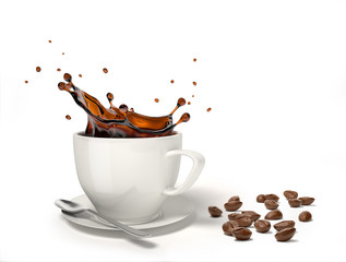 Wall Mural - Liquid coffee splash in a white cup on saucer and spoon.
