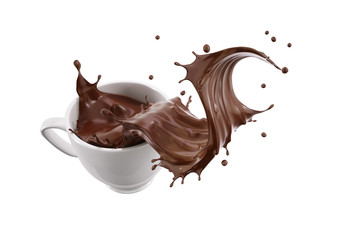 Wall Mural - White porcelain Mug cup with liquid chocolate wave splash.