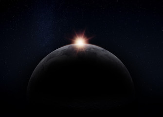 Wall Mural - view of the dark hidden side of the moon with the sun behind it. negative space for copy text. eleme
