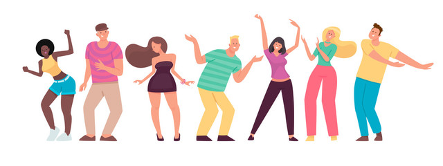 Wall Mural - Happy people are dancing. Men and women move to the music. Set of cheerful energetic characters