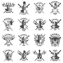 Set Of Emblems With Knights, Swords And Shields. Design Element For Logo, Label, Emblem, Sign, Poster, T Shirt.