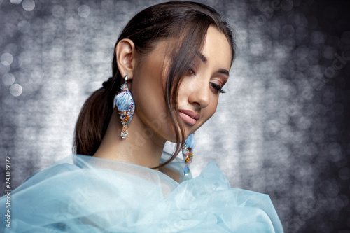 Fotografie, Obraz beautiful woman with beautiful hair, makeup and with luxury earrings