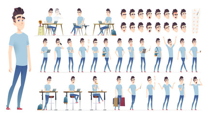 young man character collection. set of different poses and situation. modern flat cartoon style.