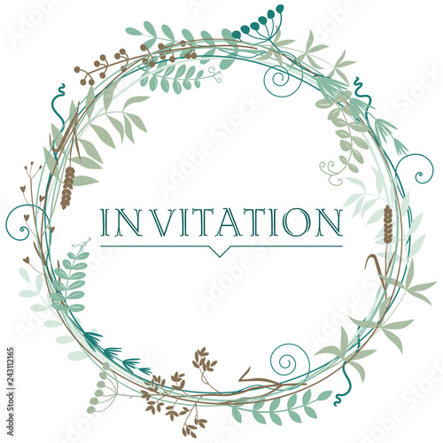 Round frame of leaves, flowers and twigs. Can be used as a background for wed...