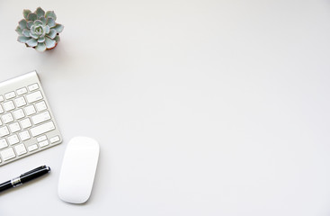 Working with keyboard and Succulent copy space on White table background.Top view,Flat lay,style Minmal workspace,business Concept