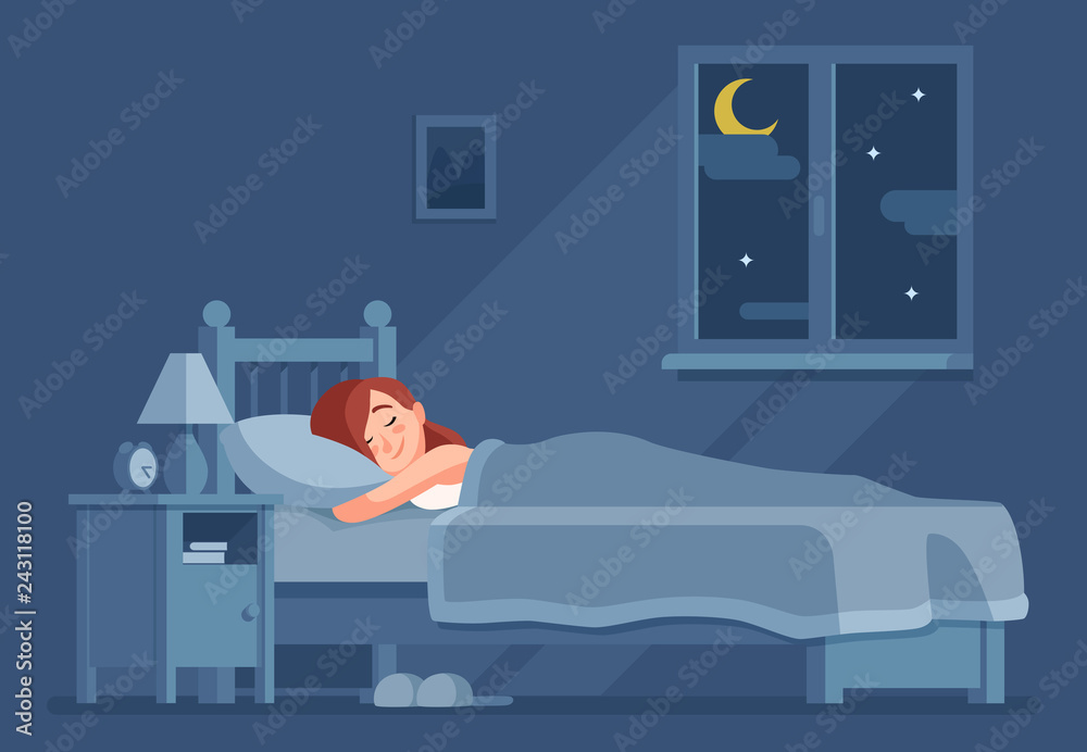 Lady sleeping at night. Woman sleep in bed under duvet cartoon vector concept - obrazy, fototapety, plakaty 