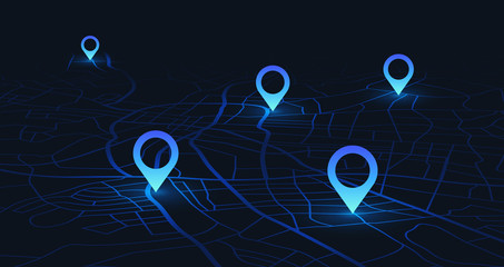 Poster - gps tracking map. track navigation pins on street maps, navigate mapping technology and locate posit