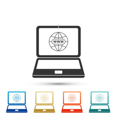 Poster - Website on laptop screen icon isolated on grey background. Globe on screen of laptop symbol. World wide web symbol. Internet symbol for your web site design, logo. Flat design. Vector Illustration
