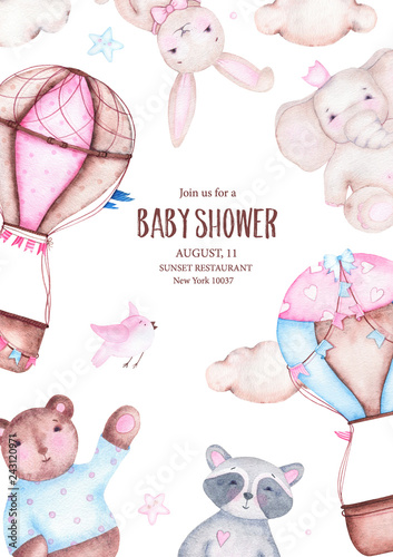Watercolor It Is Boy Girl Baby Shower With Cute Hot Air Balloon Bear Watercolor It Is Boy Girl Baby Shower With Cute Hot Air Balloon Bear