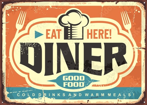 Dekoracja na wymiar  projekt-znak-blaszany-restauracji-retro-diner-z-kapelusz-kucharz-widelce-i-kreatywny-napis-dobre-jedzenie
