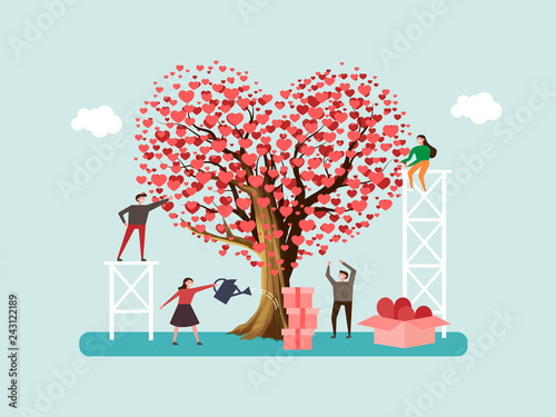 Fotomural Volunteers grown tree of love and send out care, hearts to people