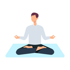 Wall Mural - Vector man in casual outfit sitting in lotus posture practicing yoga. Male character at relaxation session. Concept of meditation, healthy lifestyle. Isolated illustration