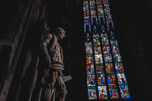 MILAN, ITALY - AUGUST 20, 2018: St. Bartholomew Statue In Duomo Di Milano (Dome Of Milan), Milan, Italy. St Bartholomew Was One Of 12 Apostles And An Early Christian Martyr That Was Skinned