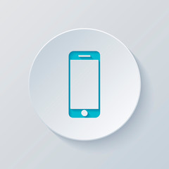 Poster - mobile phone icon. Cut circle with gray and blue layers. Paper s