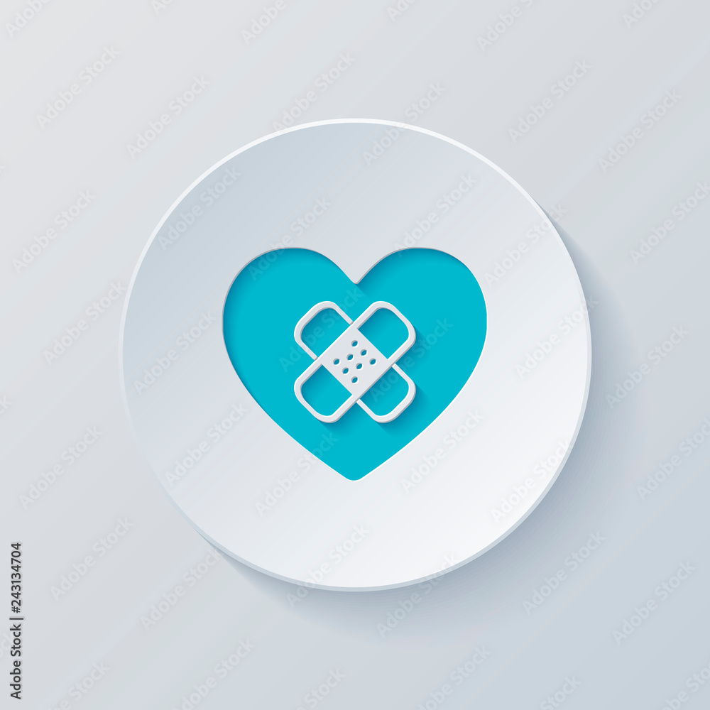 broken heart with patch. simple single icon. Cut circle with gra - obrazy, fototapety, plakaty 