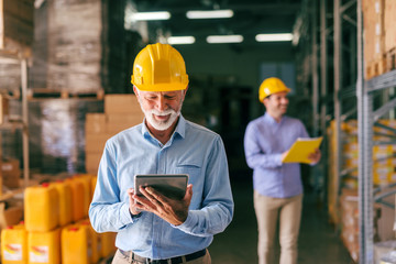 Senior adult bearded businessman with helmet on head using tablet while standing in warehouse. In background his younger colleague holding folder.