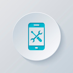 Poster - Phone repair service icon. Cut circle with gray and blue layers.