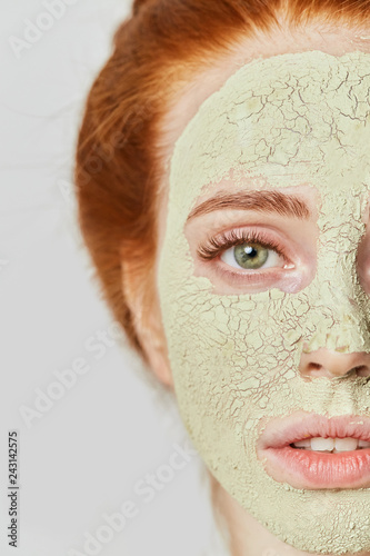 Download Awesome Ginger Girl With Cosmetic Green Mask On Face Close Up Photo Beauty Concept Buy This Stock Photo And Explore Similar Images At Adobe Stock Adobe Stock PSD Mockup Templates