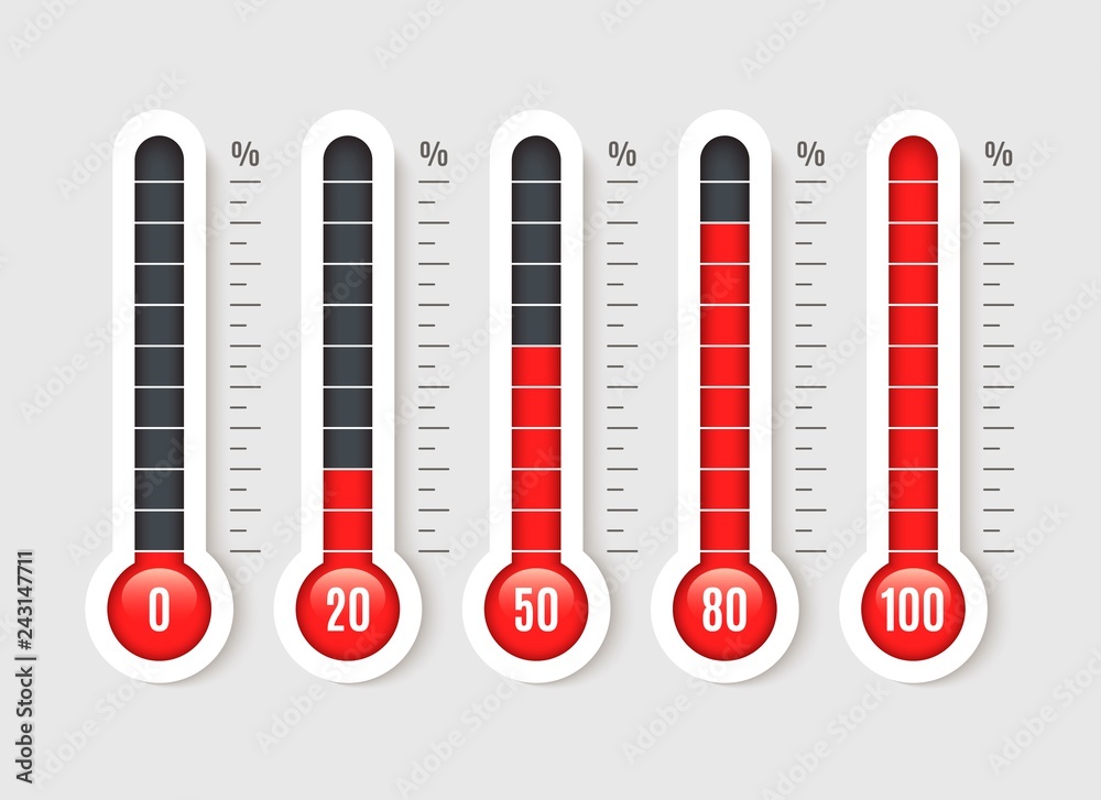 Percentage thermometer. Temperature thermometers with percentages scale. Thermostat temp business measurement vector isolated set - obrazy, fototapety, plakaty 