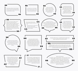 Poster - Quote boxes. Quotation sentence box design, idea paragraph marks comment sentencing mention description bubbles with commas vector set