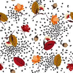 Wall Mural - Trendy Autumn leaves,pine nuts and flower elements mix with animal skin leopard in hand drawn style seamless pattern vector for fabric and all prints