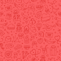 Poster - Valintaines Day red seamless background. Valentines day doodle vector elements