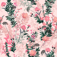 Wall Mural - Sweet pastel Soft and gentle in the summer garden full of  blooming flower in many kind of florals seasonal seamless pattern vector ,hand drawing style for fashion, fabric and all prints