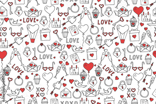 Valentines Day Seamless Pattern With Hand Drawn Love Symbols Line