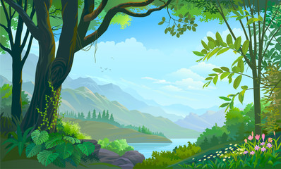 Wall Mural - tropical forest, big tree, plants and flowers, mountains and rivers.