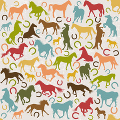  Seamless background with horses silhouettes and horseshoes