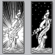 Hand Holding A Sword Emerges From The Water. Iconic Scene From The Medieval European Stories About King Arthur. Set Of Two Engraving Style Pictures . EPS10 Vector Illustration