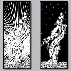 Hand holding a sword emerges from the water. Iconic scene from the Medieval European stories about King Arthur. Set of two engraving style pictures . EPS10 vector illustration