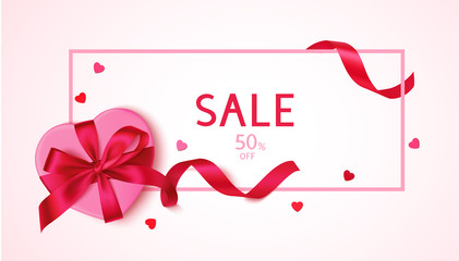 Wall Mural - Valentines day sale design template. Pink frame with decorative gift box red bow and heart confetti. Vector illustration
