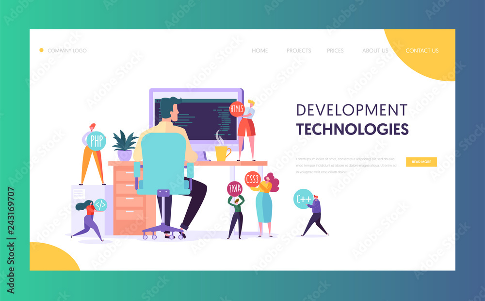 Software Developer Character Technology Landing Page. Web Development Programmer Work at Office Computer. Proffesional Java Team Agency Environment for Website or Banner Flat Vector Illustration - obrazy, fototapety, plakaty 