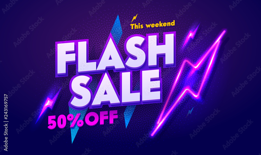 Flash Sale Neon Light Typography Banner. Discount Night Advertising Glow Electric Billboard. 3d Glossy Horizontal Shape Laser Special Poster Signboard. Dark Purple Web Layout Vector Illustration - obrazy, fototapety, plakaty 