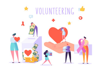 Social Donate Volunteer Character Banner. People Money Charity Work Heart Symbol Poster. Human Care Aids Ribbon. Homeless Crowdfunding Support Organization Flat Cartoon Vector Illustration
