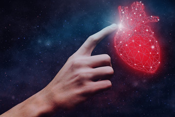 Poster - Human forefinger touches blue heart innovative technologies. Nebula dust  in infinite space. Mixed media.