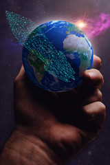 Leinwandbilder - Whole world in woman hands plam and   spaceship low poly. Mixed media . 