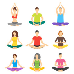 Wall Mural - Cartoon Meditation People Signs Icon Set. Vector