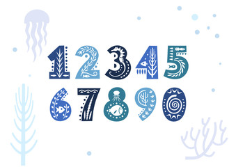 Aufkleber - Set of vector numbers decorated with underwater patterns.