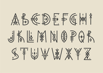 Aufkleber - Vector alphabet set. Capital letters in geometric tribal line art style. For hipster theme, trendy posters